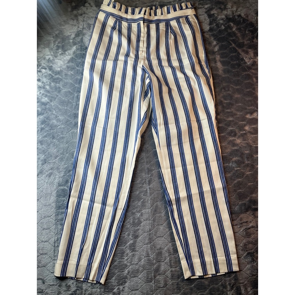 Express Womens 8R High Rise Ankle Paperbag Waist Striped Pants Cream Blue NEW - Picture 8 of 9